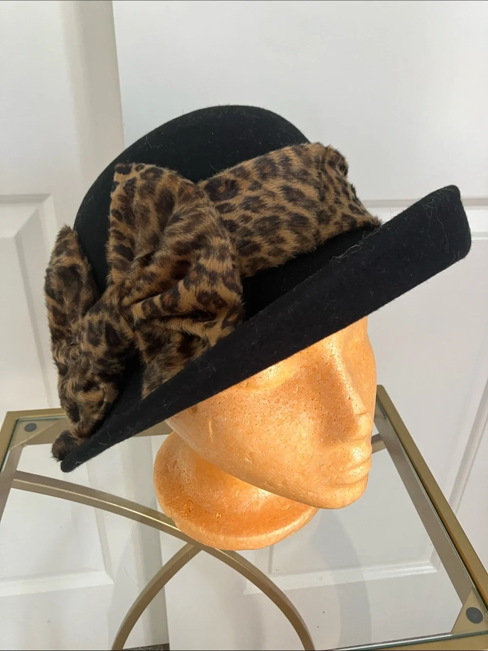 ADORA Black Wool Hat with Leopard Fur Band